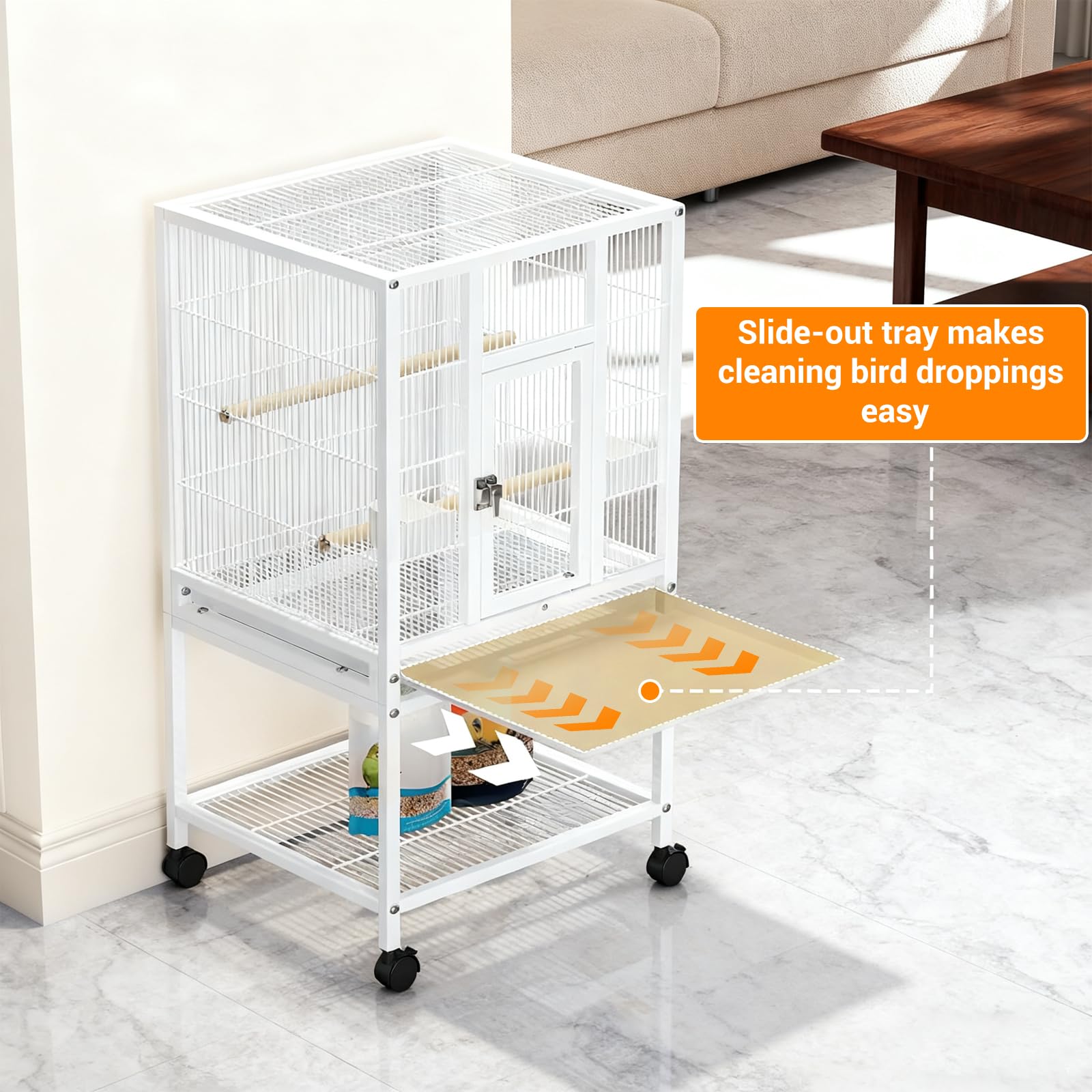 52'' Wrought Iron Birdcage with Detachable Rolling Stand & Feeder, Large Bird Cage with Secure Lock & Slide-Out Tray, Indoor Outdoor Bird Cage on Wheels,Parrot Cages for Parakeets, Pigeons, White