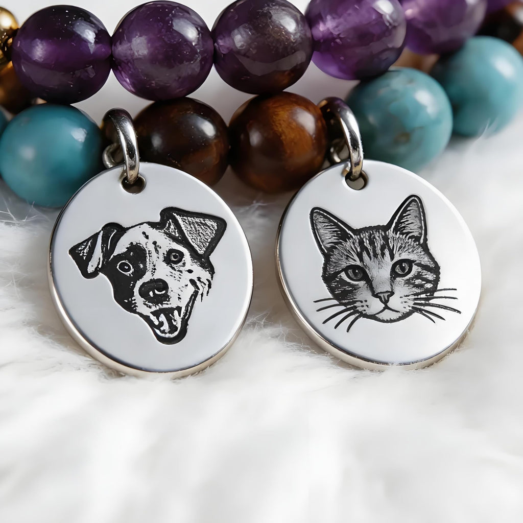 Cring Coco Custom Pet Portrait Bracelet Dog Cat Loss Memorial Keepsake Gift, Photo Engraved with Name Stretch Natural Stone Bracelets Funeral Jewelry,Initial Peanuts in Memory Remembrance Cat Dog