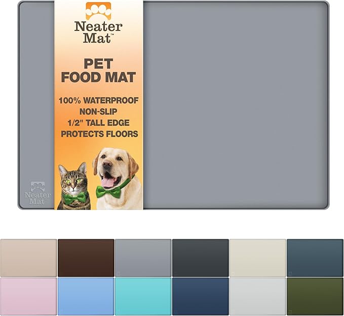 Neater Pet Brands Neater Mat Pet Mats for Food and Water, Cat & Dog Bowl Mat Waterproof Silicone, Feeding Tray, Dog Food Mats for Floors, Placemat w/Raised Edge for Under Bowls, 32" x 24", Grey