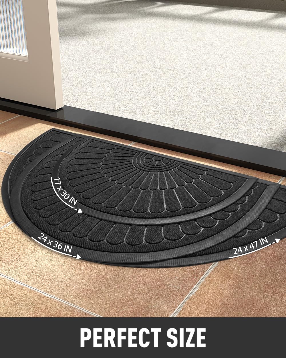 tchdio Door Mat Outdoor Indoor Entrance Doormat-Semicircular Durable Rubber Non Slip Front Door Mat for Outside Inside Entry Entryway Dirt Trapper WelcomeMat for Muddy Paws and Shoes-Black 24”x47”