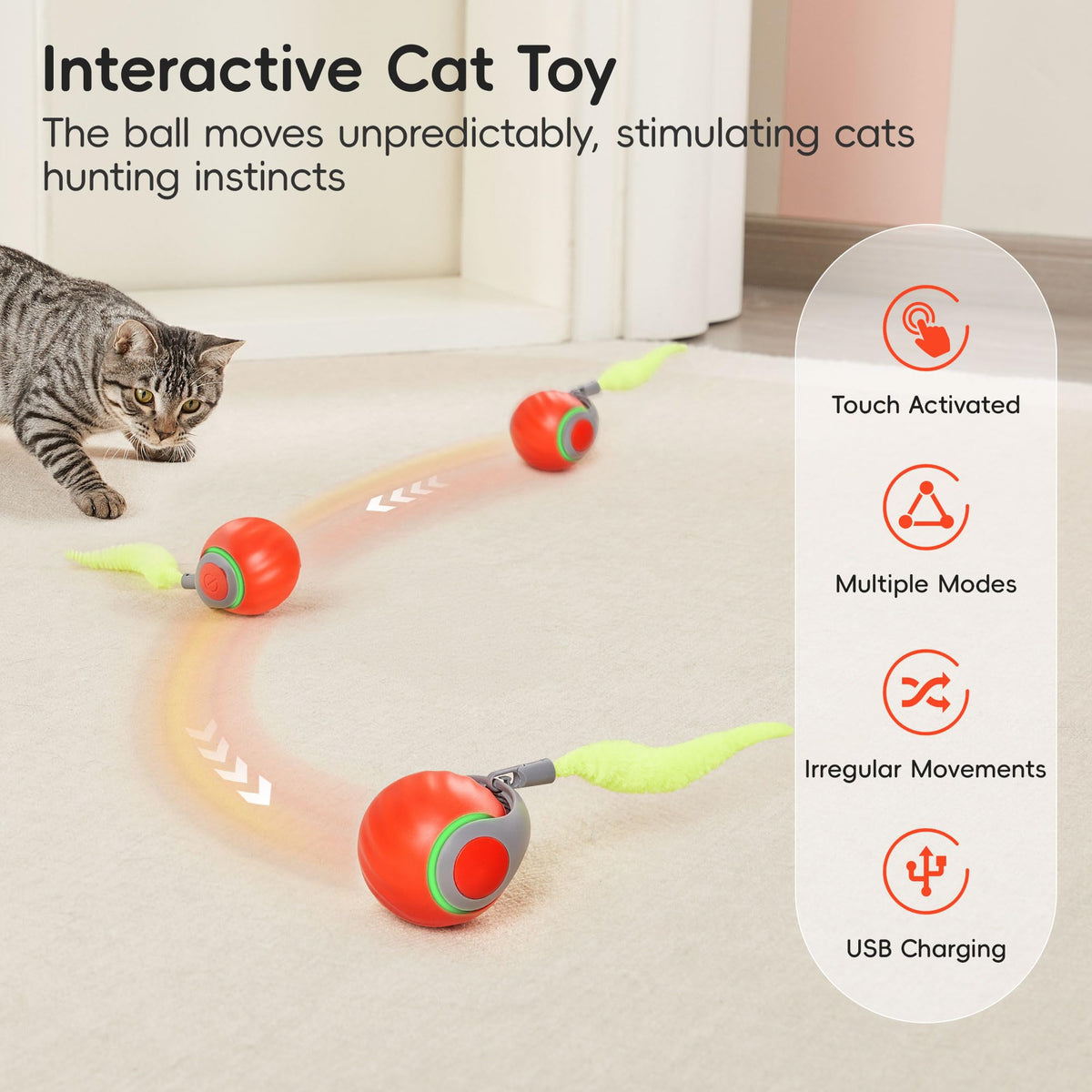 Potaroma Moving Ball Cat Toys with Feather Tail, Rechargeable