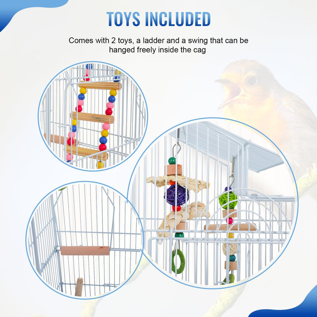 FDW 39 Inch Bird Cage Parakeet Cage with Play Top Rolling Stand & Easy Clean Pull-Out Tray Roof Top Parrot Cage for for Finches Canaries Parakeets Cockatiels & Other Small Birds, White