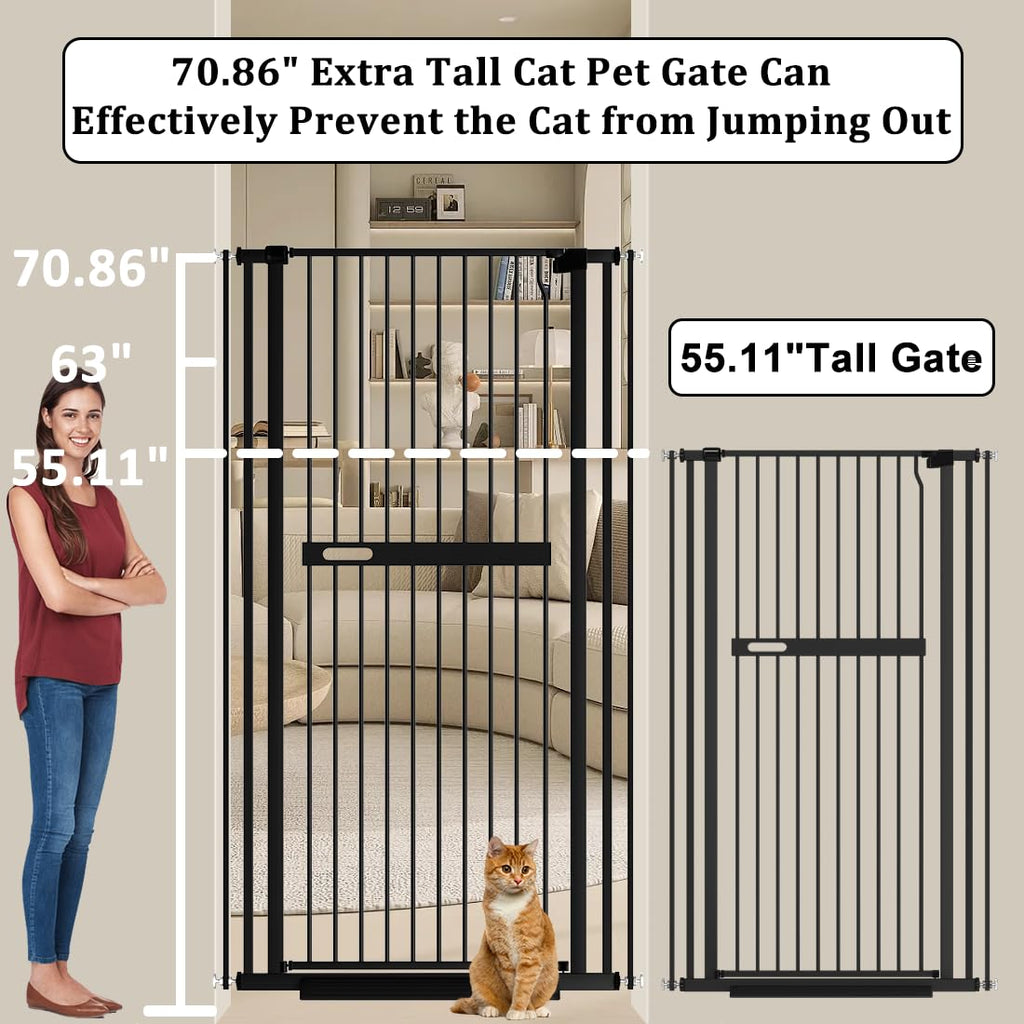 WAOWAO 71" Extra Tall Cat Pet Gate 29.92-37.79" Wide Pressure Mounted Walk Through Swing Auto Close Safety Black Metal Dog Pet Puppy Cat for Indoor Stairs,Doorways