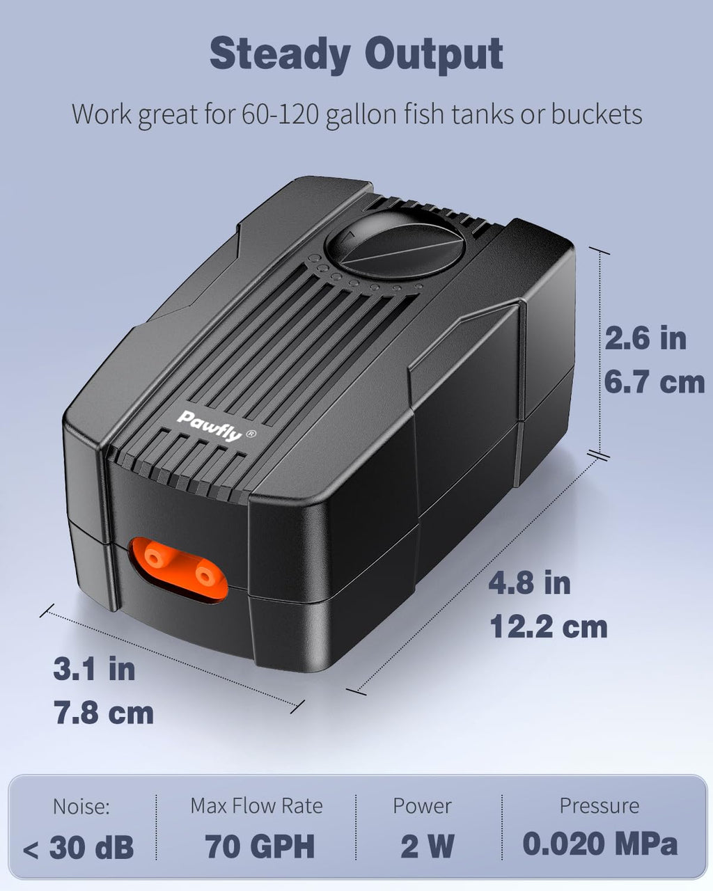 Pawfly Aquarium Air Pump 70 GPH Fish Tank Oxygen Pump for 60-120 Gallon Fish Tanks Buckets Dual Outlet Adjustable Ultra Quiet Aerator Pump with Airline Tubing Air Stones Connectors and Check Valves