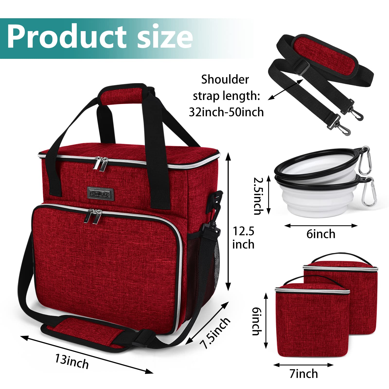 BAGLHER Dog Travel Bag, Pet Travel Bag (ALL Pet Travel Supplies), With 2 Pet Food Containers and 2 Collapsible Silicone Bowls; Essential Kits for Travel Red