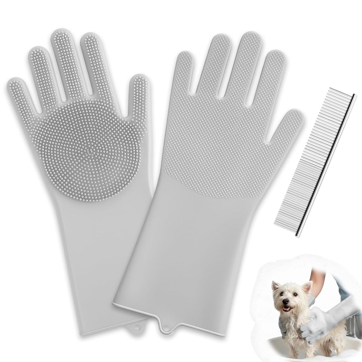 DELOMO Silicone Pet Grooming Gloves Dog Washing Gloves with Comb, Grey