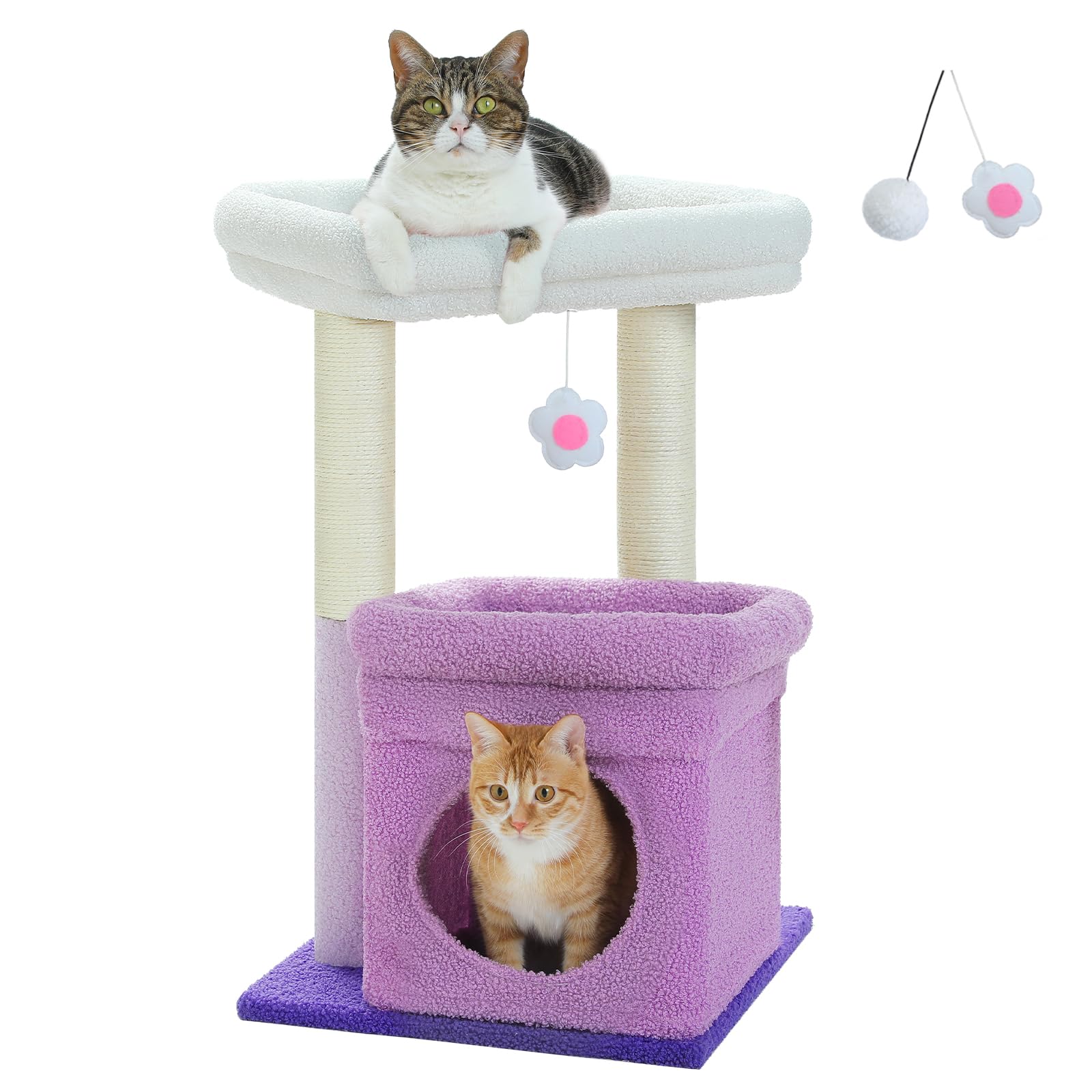 PEQULTI Indoor Cat Tree Tower Small Cats, Sisal Post & Cozy Condo, Purple