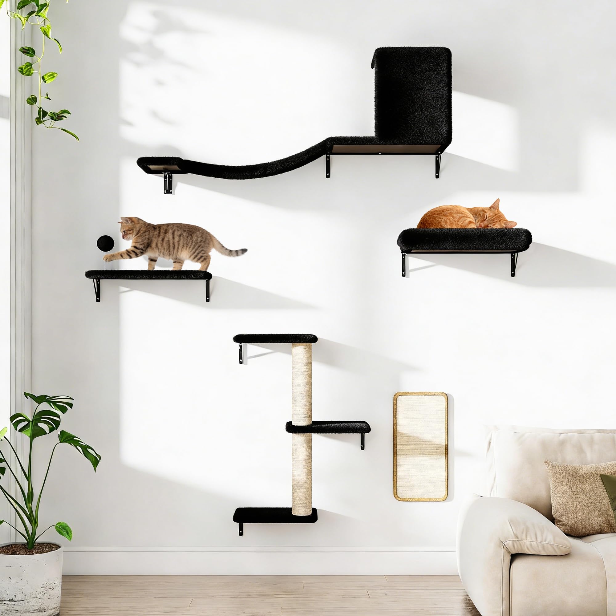 COZIWOW 5Pcs Wall Mount Cat Tree & Shelf Furniture for Large Cats, Black