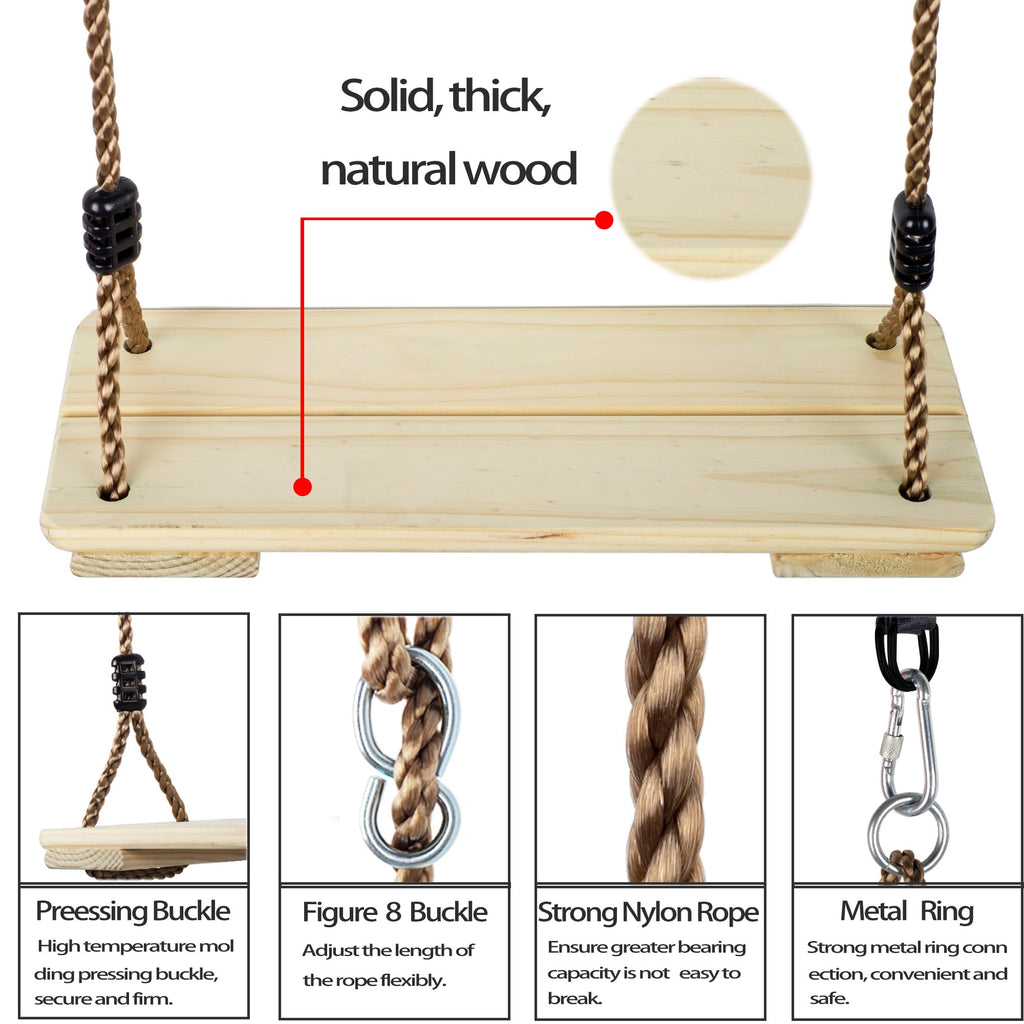 NOSTIFY Wooden Swing Seat, Nostalgic Outdoor Wood Swing for Kids, Tree Straps Set Accessories for Backyard Patio Garden Playground, Height Adjustable (Raw wood)