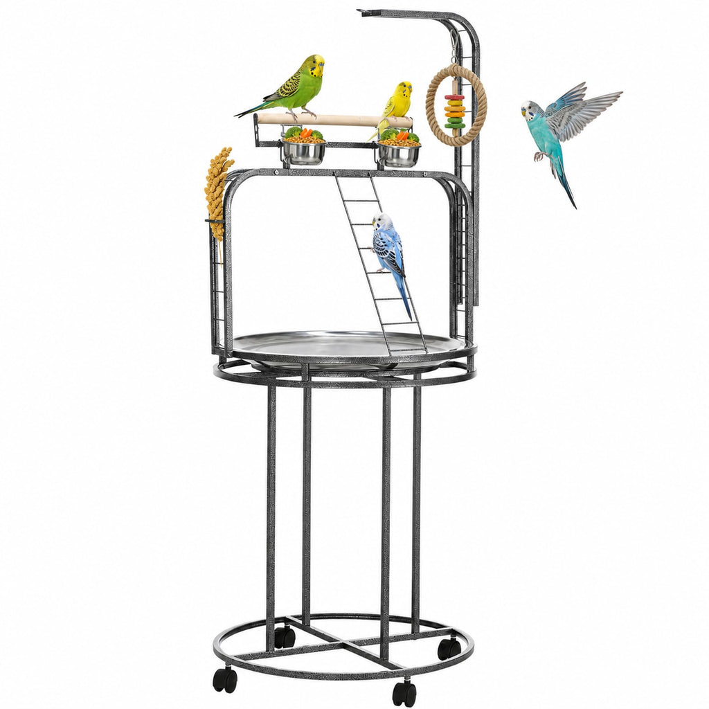 PawHut Parrot Stand Large Bird Perch Stand with Toy Hook & 3 Ladders, Parrot Perch with Easy Grip, Bird Wooden Stand, Gray