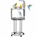 PawHut Parrot Stand Large Bird Perch Stand with Toy Hook & 3 Ladders, Parrot Perch with Easy Grip, Bird Wooden Stand, Gray