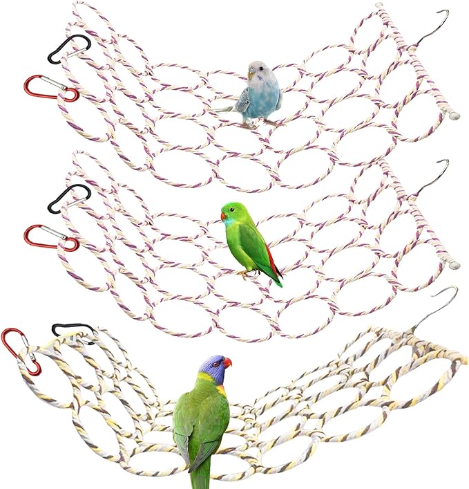 BNOSDM 2 Packs Bird Hemp Rope Net Swing Climbing Rope Net for Birds Parrot Ladder Macaw Hanging Hammock Activity Toy for Rats Parakeet Cockatiel Cockatoo Conure African Grey Budgie