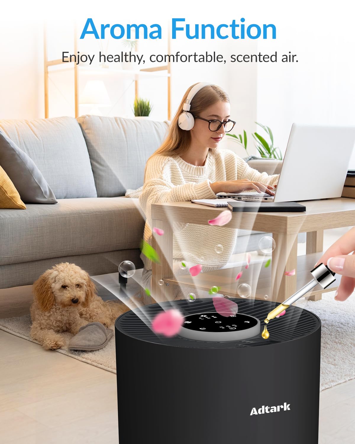 Air Purifiers for Home Bedroom, ADTARK Air Cleaner with 3-in-1 Filter, Sleep Mode & Aroma Function, 3 Light Modes, Room Air Purifier with 3 Timer for Office, Dorm, Hotel (Black)