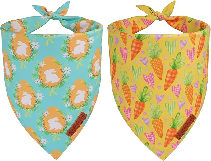 ADOGGYGO Easter Dog Bandana 2 Pack, Bunny Egg Carrot Print Pet Scarf Bib, Adjustable Fit Green Yellow Easter Bandanas for Extra Large Dogs (X-Large)
