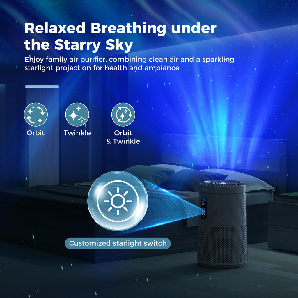 AROEVE Air Purifier for Large Rooms up to 1,782 Sq. Ft. with Star Projector, Smart WiFi, Air Quality Sensor, UV Function, and Washable Filter for Whole Home Use for a Cozy Holiday, MK09W Black