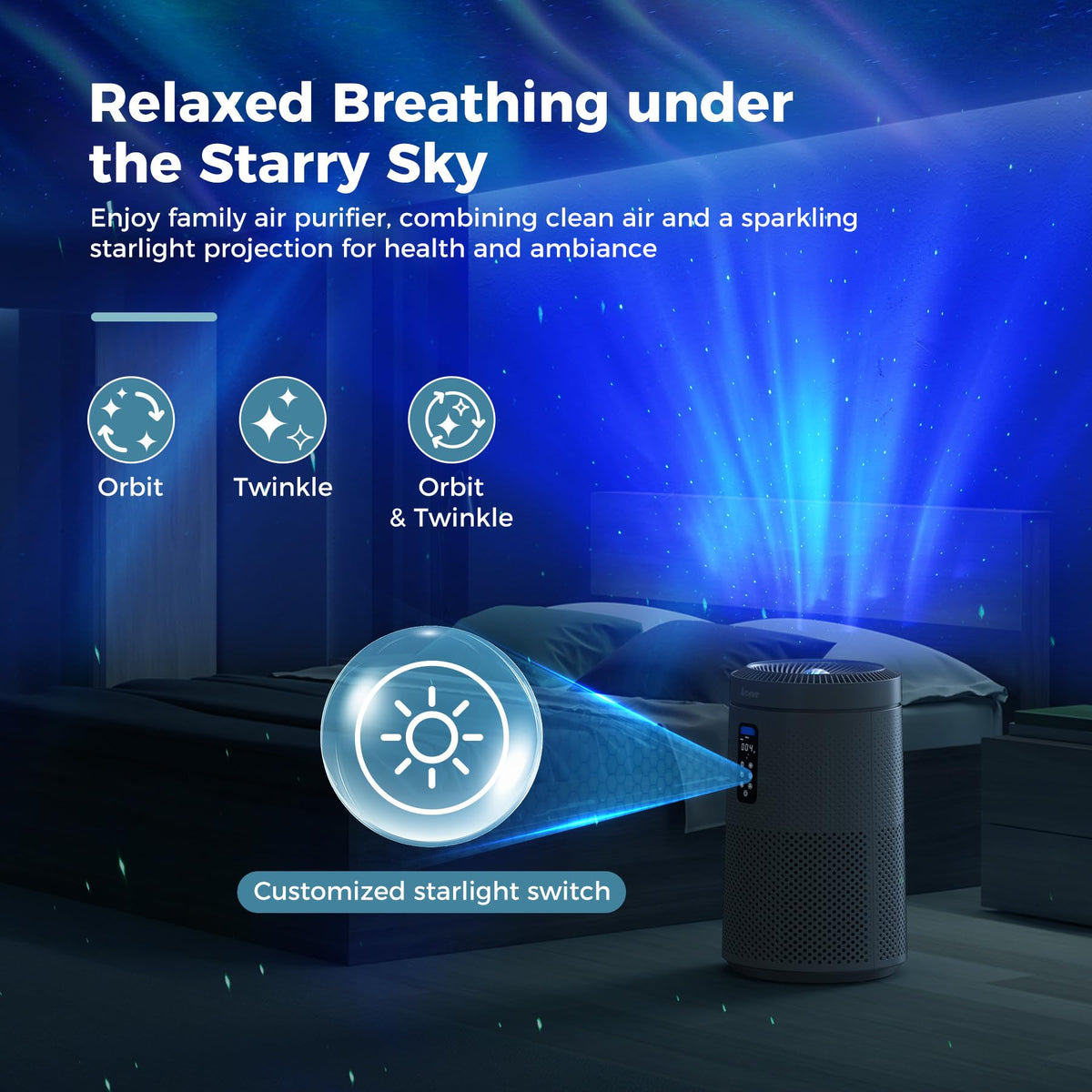 AROEVE Air Purifier for Large Rooms up to 1,782 Sq. Ft. with Star Projector, Smart WiFi, Air Quality Sensor, UV Function, and Washable Filter for Whole Home Use for a Cozy Holiday, MK09W Black