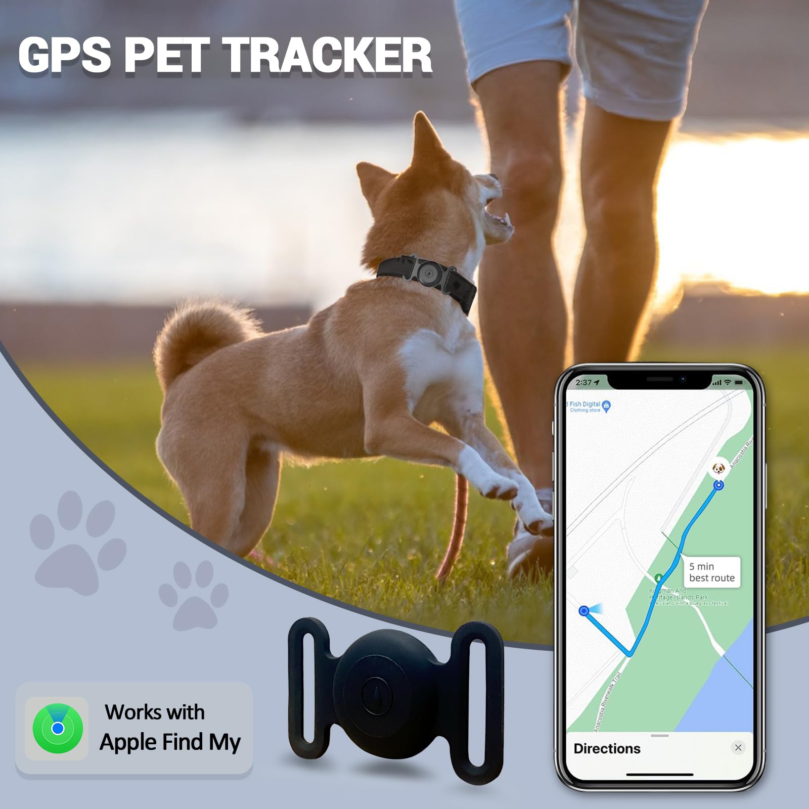 GPS Tracker for Dogs, Mini GPS Cat Tracker, IPX8 Waterproof GPS Tracker for Cats with Holder, No Monthly Fee, Work with Apple Find My(iOS Only), Smart Trackers for Dogs Finder Trackers Pets(Black)
