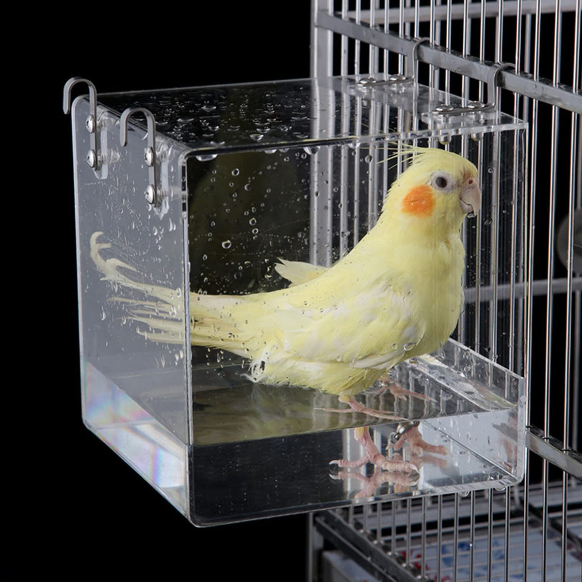 GURECOD Hanging Bird Bath Cube Bird Bathtub Bath Shower Box Bowl Cage Accessory for Little Bird Canary Budgerigar Parrots Crested Myna Cockatiel Lovebird Parakeet Bath (Large)