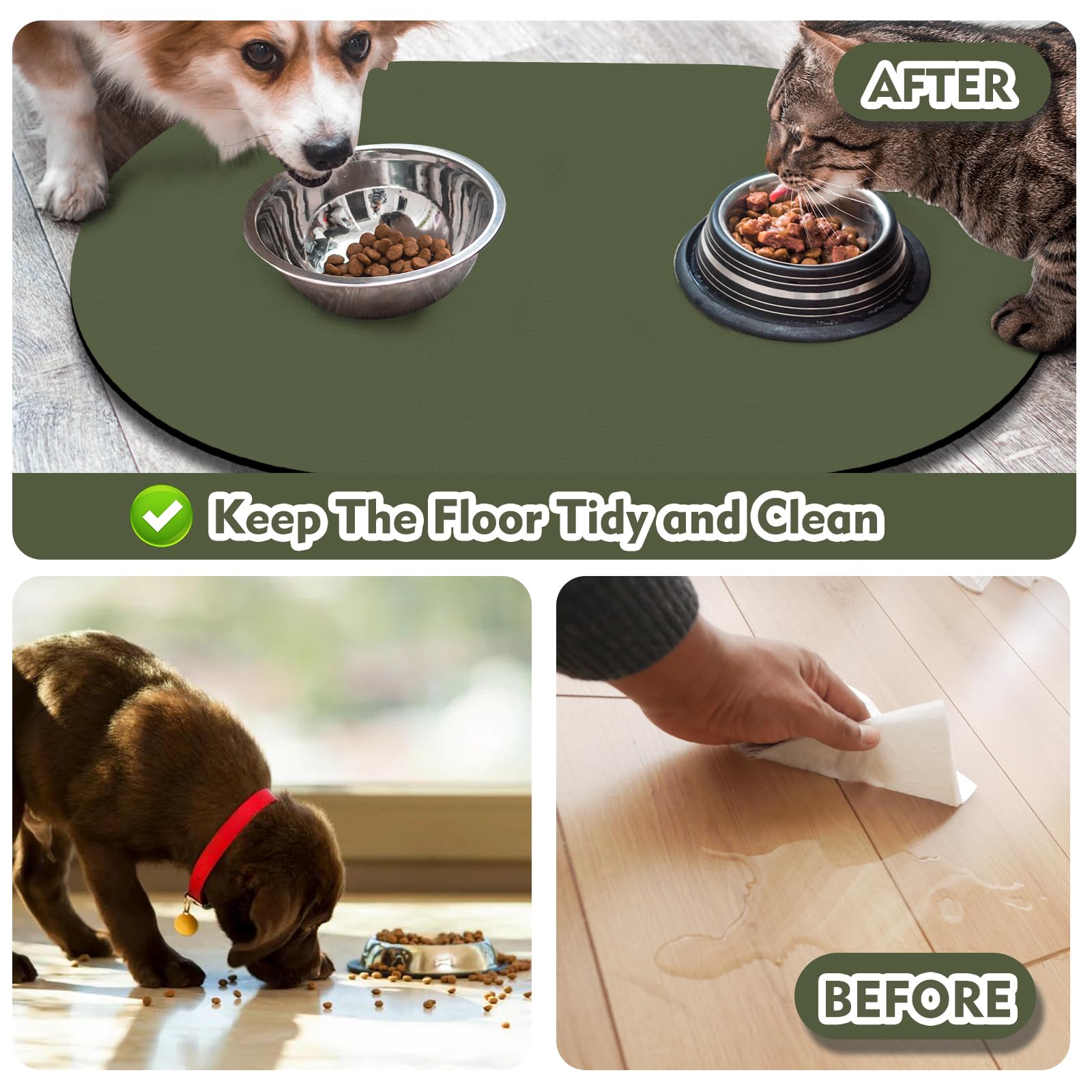 METEOROCK Pet Feeding Mat – 20''x12'' Absorbent Dog Food Mat, Pet Water Mats Protect Floor, No Stains Quick Dry Bowl Mats, Non-Slip Rubber Base Pets Placemats for Food and Water, Dark Green