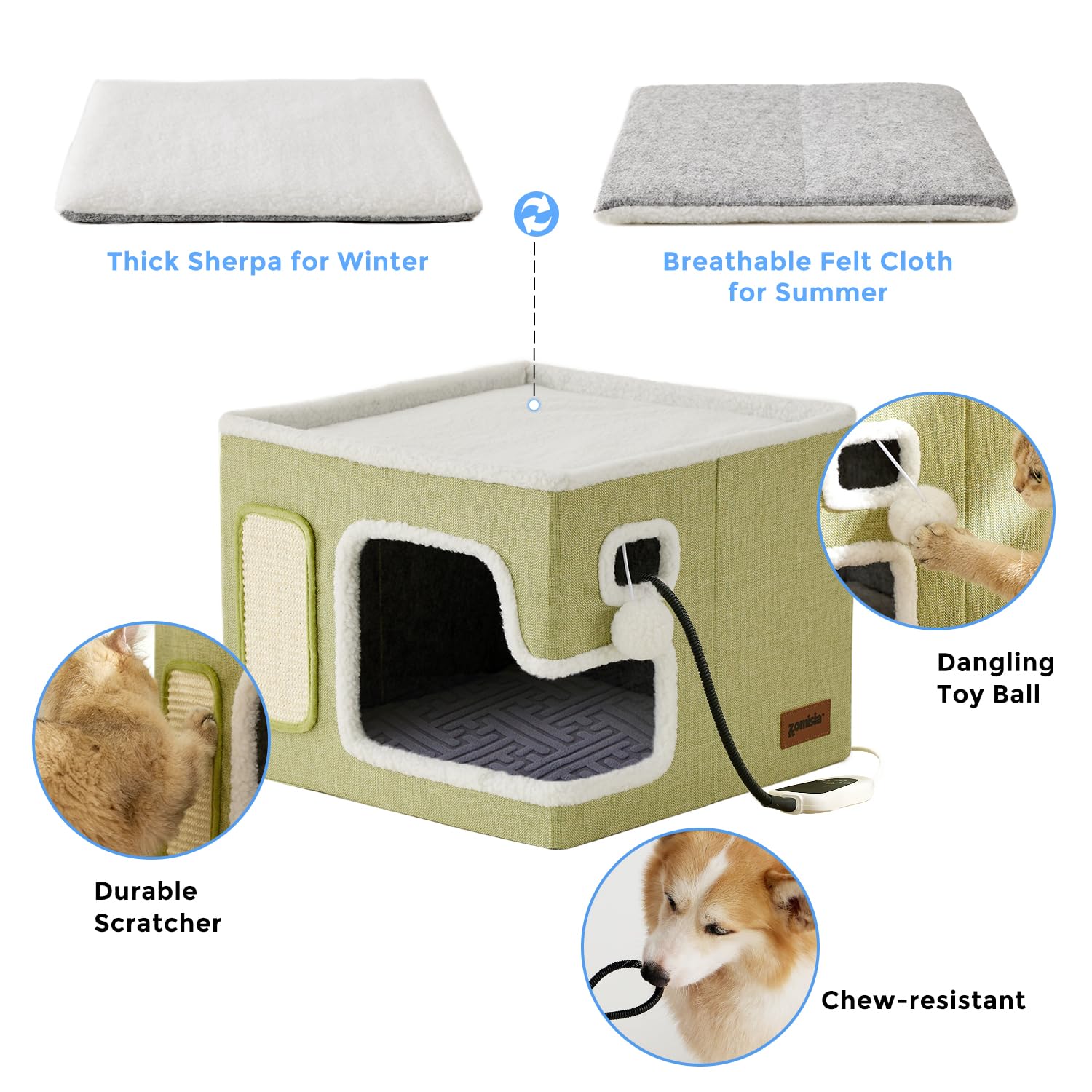 ZOMISIA Heated Cat House for Indoor Cats - Cat Warming Bed for Winter with Fluffy Ball Hanging and Adjustable Heating Pad, Foldable Cat Hideaway,16.5x16.5x13 inches, Navy Blue