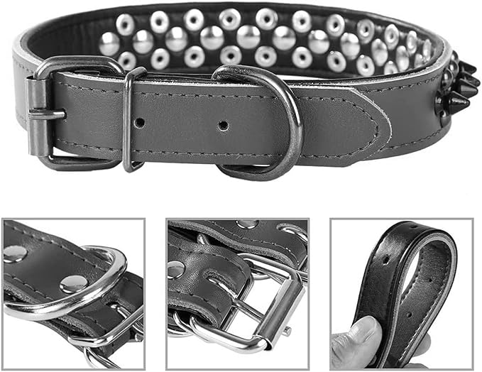Spiked Studded Dog Collar, Genuine Leather Dog Collar, Adjustable Pet Collars for Medium Large Bulldog Pitbull Mastiff Poodle Boxer (M:29-38cm, Pink)