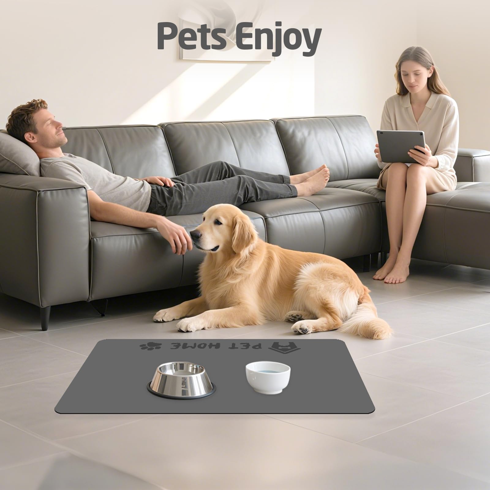 Pet Feeding Mats-Absorbent Dog Mat for Food and Water Bowl, Dog Accessories Pet Supplies, Quick Dry No Stains Water Dispenser Mat for Pet, Non-Slip Bowl mat for Messy Drinkers (Pet Home, 16"x24")