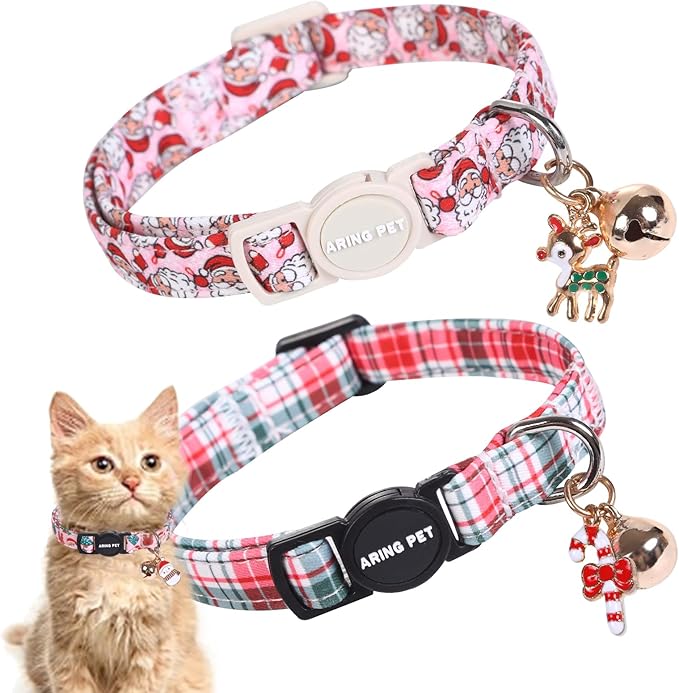 ARING PET 2 Pack Cat Collar, Christmas Breakaway Kitten Small Collars with Bells for Girl Boy Cats-Pink Reindeer Santa Claus & Green Xmas Tree