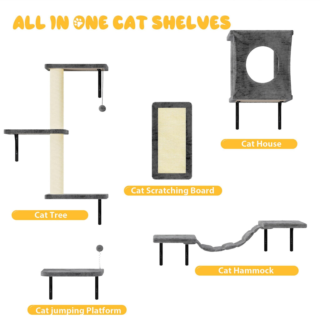 Cat Wall Shelves, 10-in-1 Wall-Mounted Cat Furniture Set