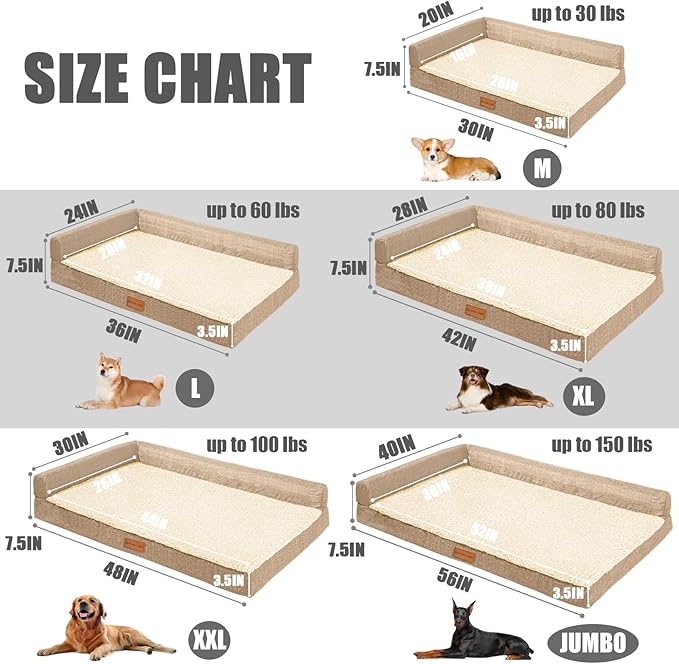 Patas Lague Orthopedic Dog Bed Large Sized Dog 36''X24'', Waterproof L Bolster Medium Pet Sofa Beds with Removable Washable Cover, Soft Comfortable Pet Couch Crate Mat with Nonskid Bottom, Cream