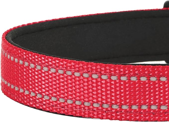PWOD Reflective Dog Collar, Adjustable Soft Neoprene Padded Nylon Pet Collars with Buckle for Large Dogs, Red,L