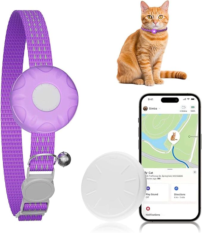 GPS Tracker for Cats, Compatible with Apple Find My App (Only iOS), No Monthly Fee Cat Tracker, Waterproof (White Tracker, Purple Cat Collar)