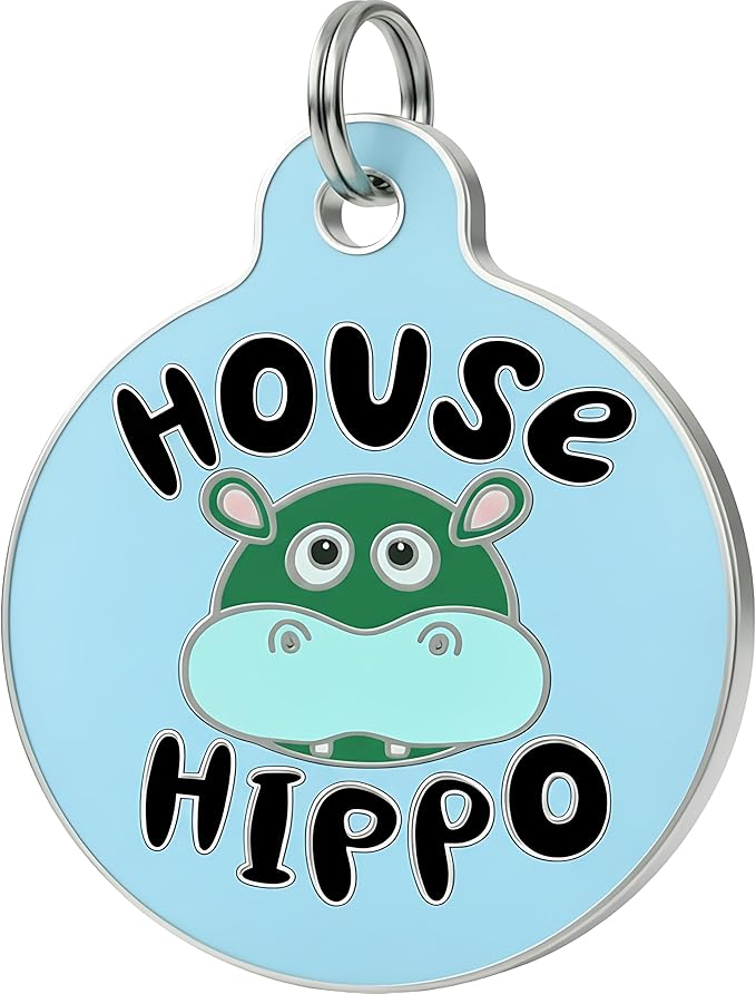 Bad Tags Personalized Dog and Cat ID Tags in 25+ Designs and 2 Sizes - 5 Lines of Custom Engraved Text - Funny Cute Personalized Pet Tags (House Hippo - Blue, Small (1 inch))