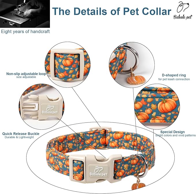 Babole Pet Fall Dog Collar Cute Autumn Pumpkin Puppy Collar - Light Comfortable Adjustable Pet Collars for Small Medium Large Girl Boy Dogs L