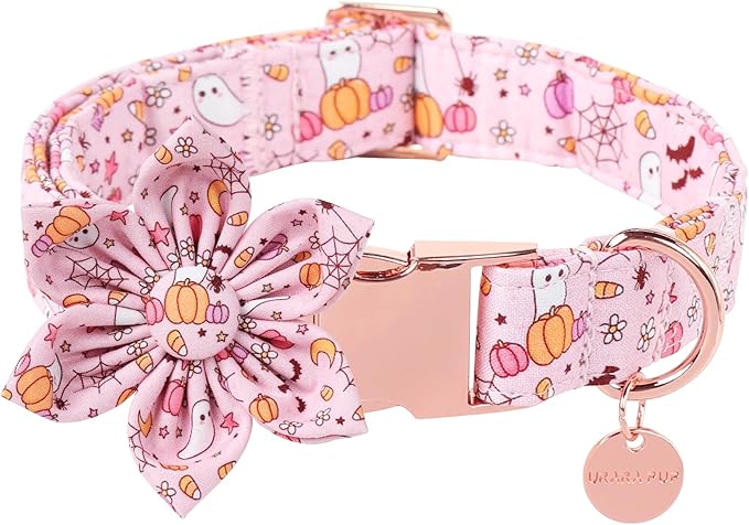 UP URARA PUP Halloween Dog Collar With Flower, Pink Puppy Collar With Adjustable Metal Buckle, Fancy Bowtie Gift for Girl Boy Dog, L