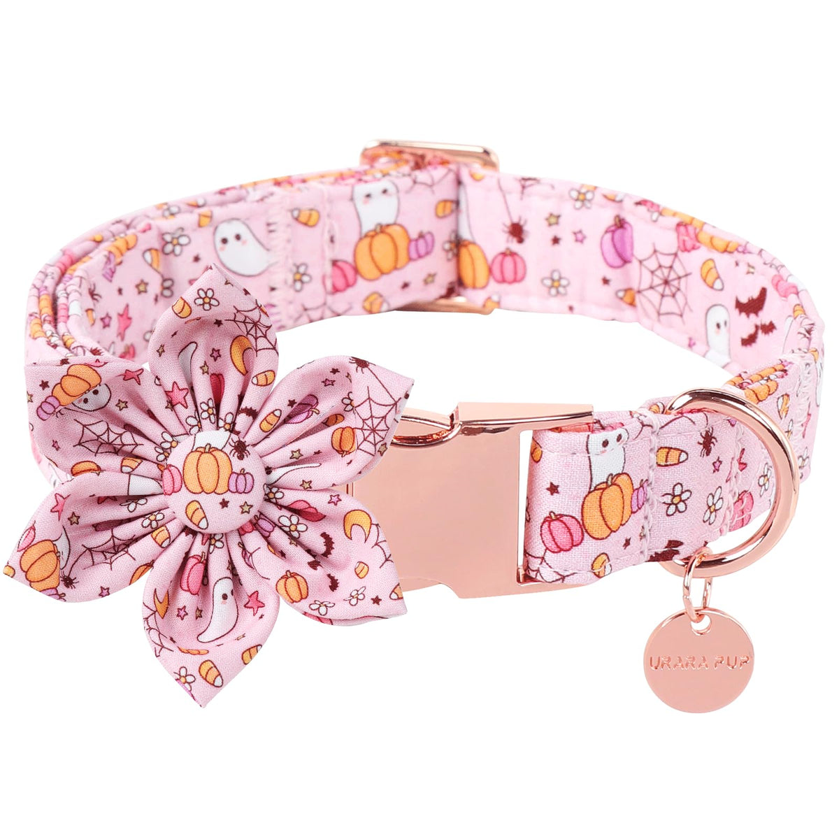 UP URARA PUP Halloween Dog Collar With Flower, Pink Puppy Collar With Adjustable Metal Buckle, Fancy Bowtie Gift for Girl Boy Dog, L