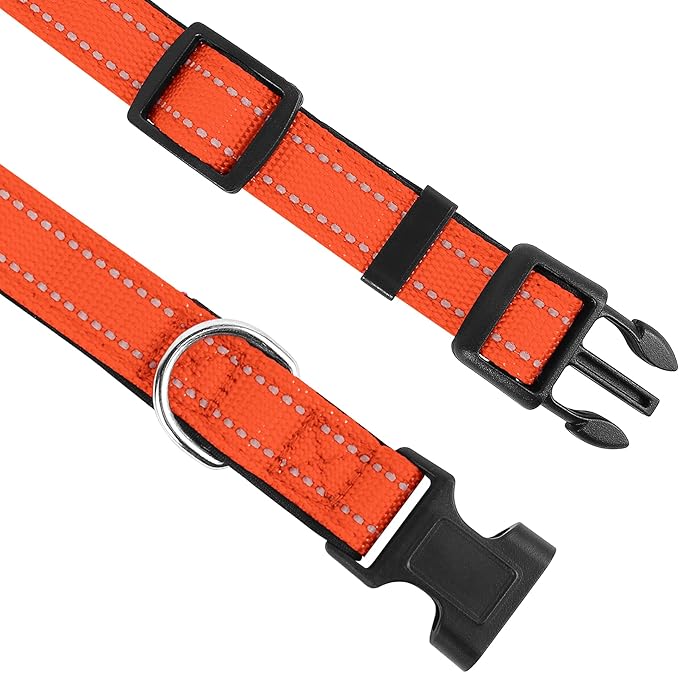 PWOD Reflective Dog Collar, Adjustable Soft Neoprene Padded Nylon Pet Collars with Buckle for Extra Large Dogs, Orange,XL