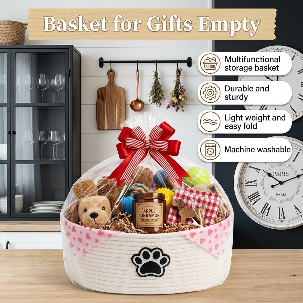 Woven Basket,Dog Toys Basket with Handle,Cute Cotton Gift Baskets Empty for Puppy Leash,Blanket Food, Accessories Pet and Household Storing