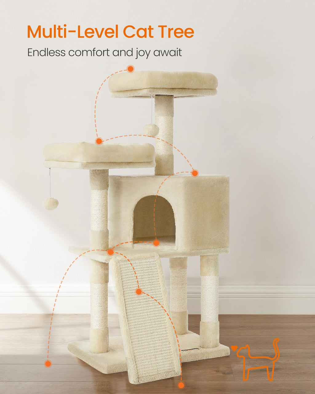 Feandrea Cat Tree, 45.3-Inch Cat Tower, Plush Condo Scratching Post, Beige