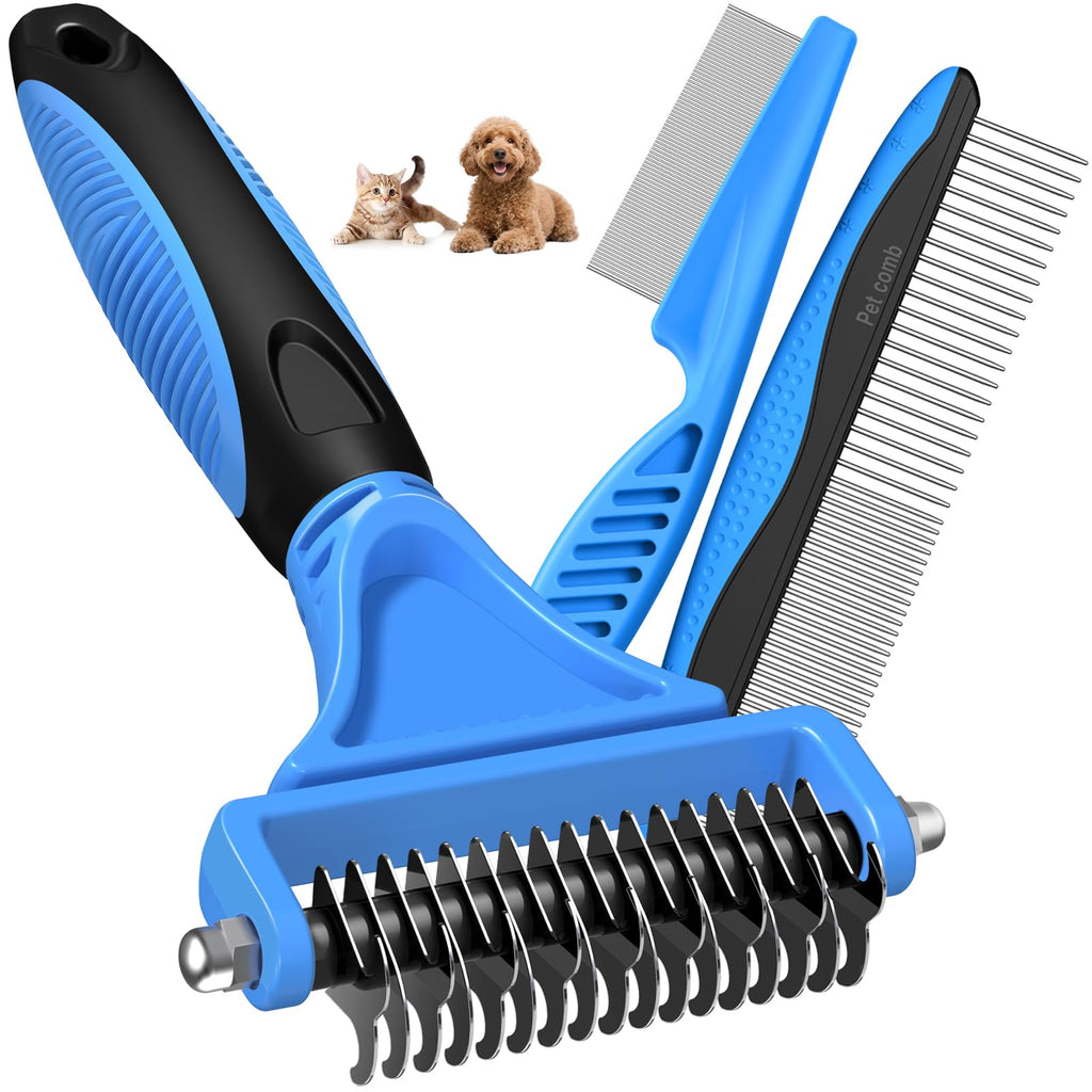 3PCS Pet Grooming Rake & Metal Comb & Flea Comb for Cats and Dogs, Double-Sided Dematting Tool, Extra-Wide Deshedding Dog Brush for Long Hair to Effectively Remove Tangles, Knots and Mats (Blue)