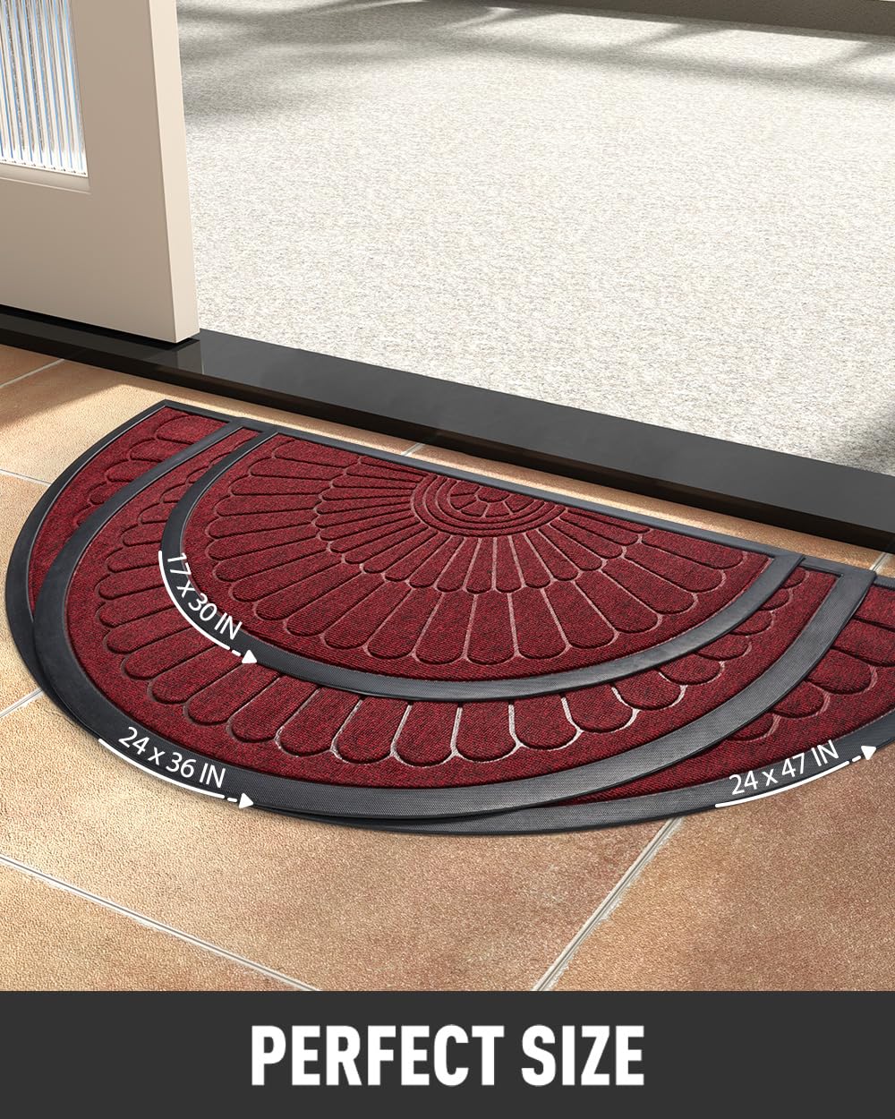 tchdio Door Mat Outdoor Indoor Entrance Doormat-Semicircular Durable Rubber Non Slip Front Door Mat for Outside Inside Entry Entryway Dirt Trapper WelcomeMat for Muddy Paws and Shoes-Red 24”x47”
