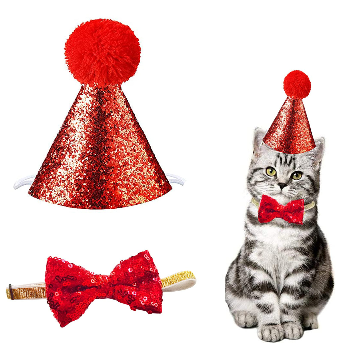 Christmas Pet Party Jazz Hat and Blingbling Bow Tie Breakaway Collar Set, Adjustable Headband for Kitten Puppy Small Dogs Cats (2/LB-Pink2)