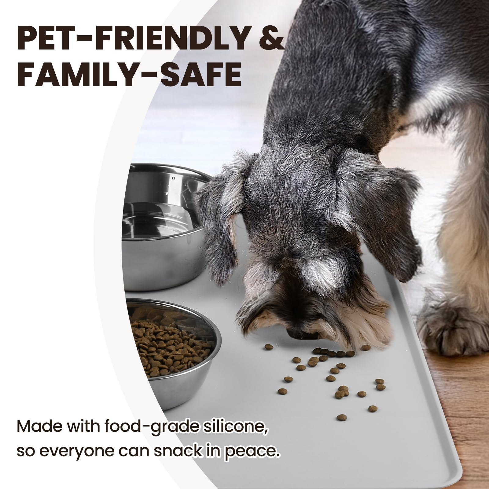 VIVAGLORY Pet Food Mat Flexmat Dog Bowl Mat, L, Light Grey