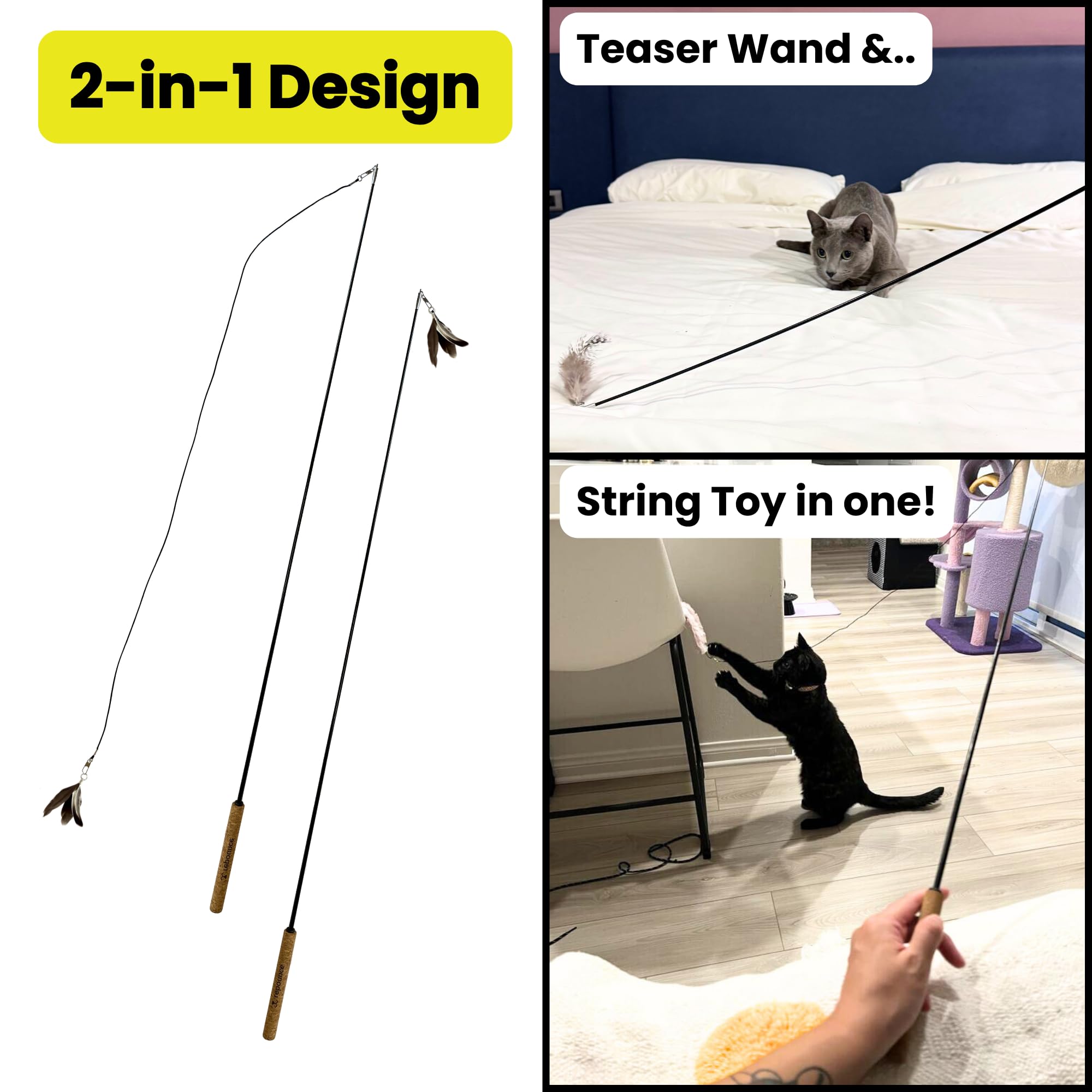 Forever Stick with Cat Toys and Strings Bundle - The Unbreakable Cat Wand Toy, Durable Cat Toy Wand, Extra Long Cat String Toy, Cat Fishing Pole Toy for Bored Indoor Adult Cats, Cat Stick Toy