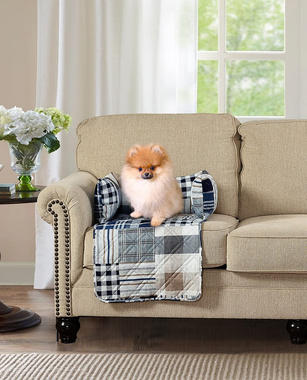Brilliant Sunshine Quilted Calming Dog Bed Mat, Removable Washable Cover, Cushion Protector and Couch Covers for Dogs, Pets, Cats, Small, Blue Plaids and Stripes Patchwork