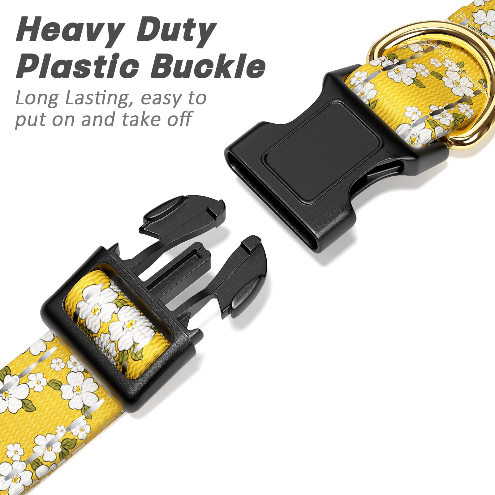 TMOODEL Reflective Adjustable Dog Collar for Medium Dogs, Yellow Flower, M