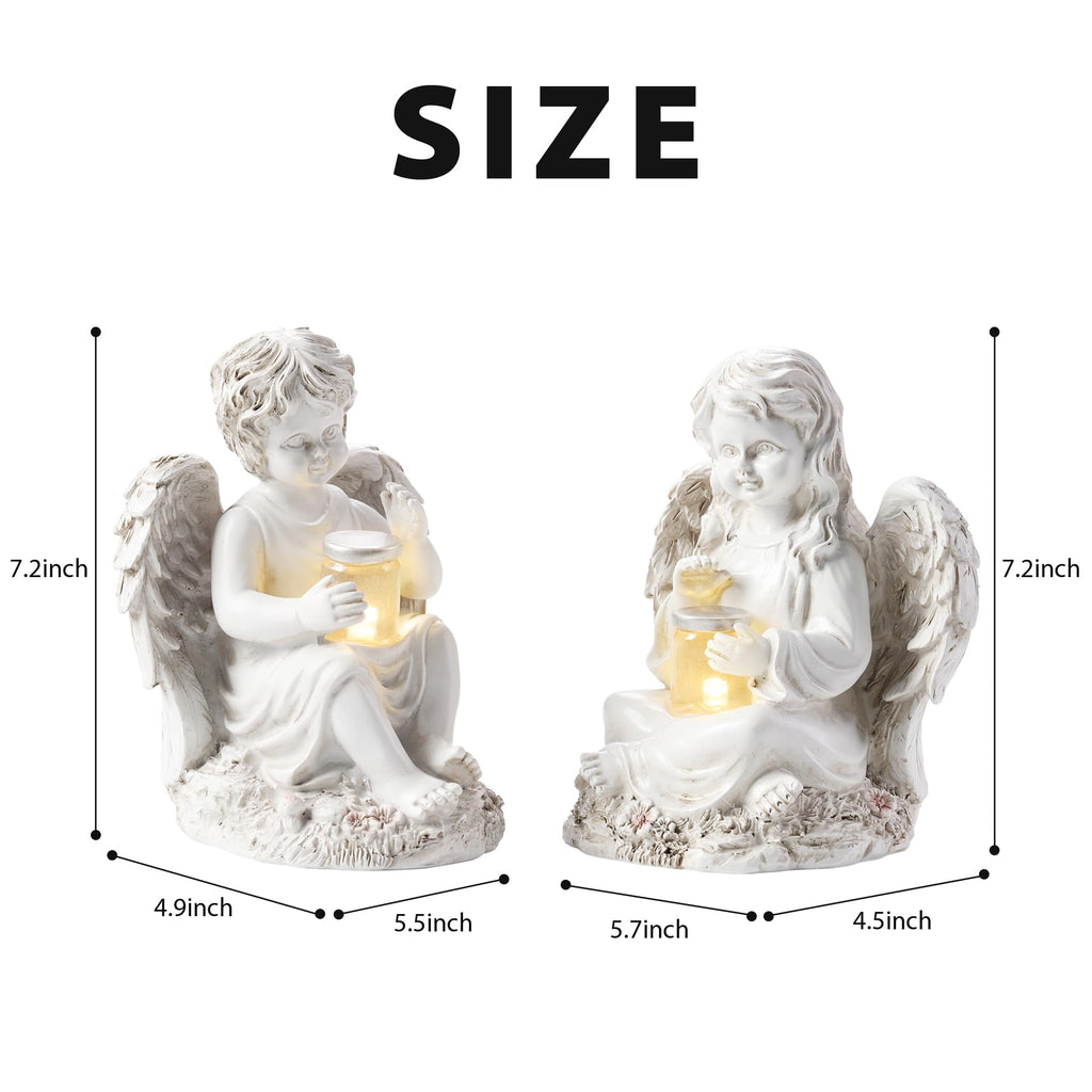 2 Pack Outdoor Angel Statue Garden Decor, Classic Solar Angel Figurine Decoration for Yard Art Indoor Porch Home Lawn Outside Light up Cherub Sculpture Guardian Wings Angel Memorial Gifts Christmas