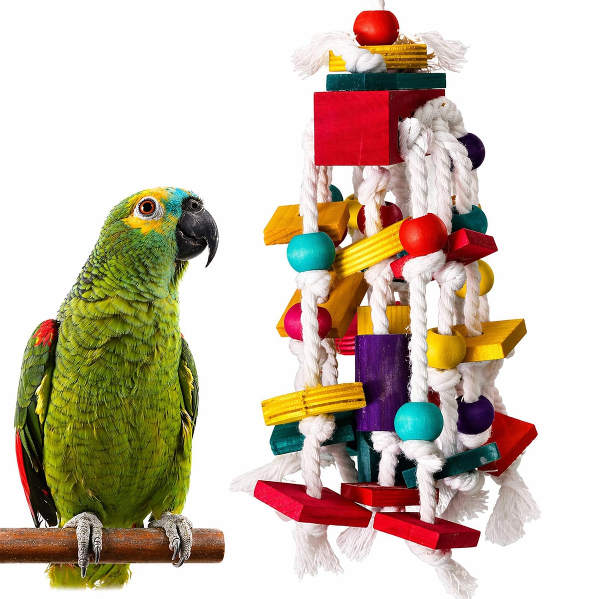 Rypet Large Parrot Cage Toy, Wood Rope Bite Toy for Cockatiels Conures