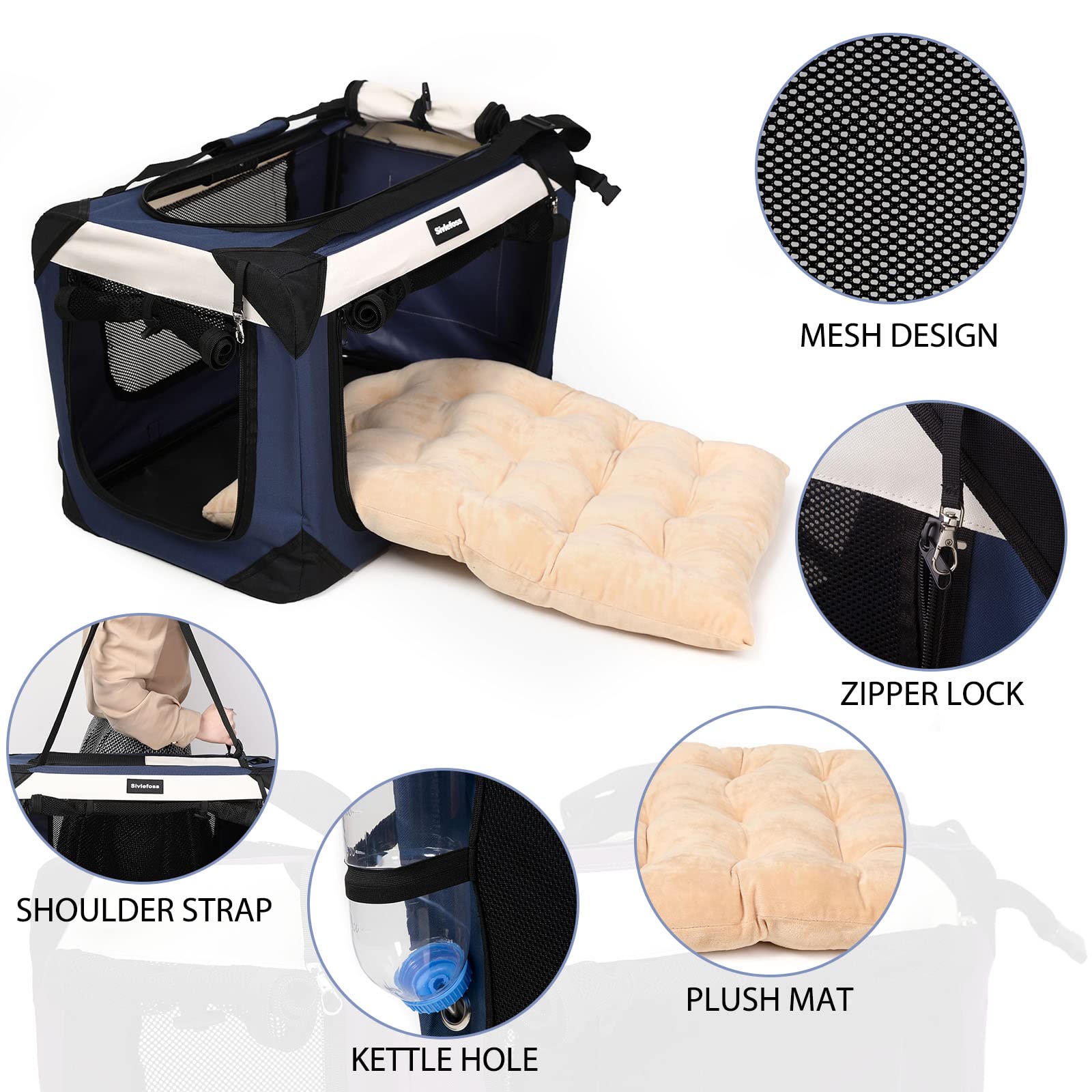 Sivlefoss Large Cat Carrier, Collapsible Dog Travel Crate Portable Soft-Sided Pet Carrier with Super Soft Warm Plush Mat for Indoor and Outdoor 20x14x14in,Navy Blue