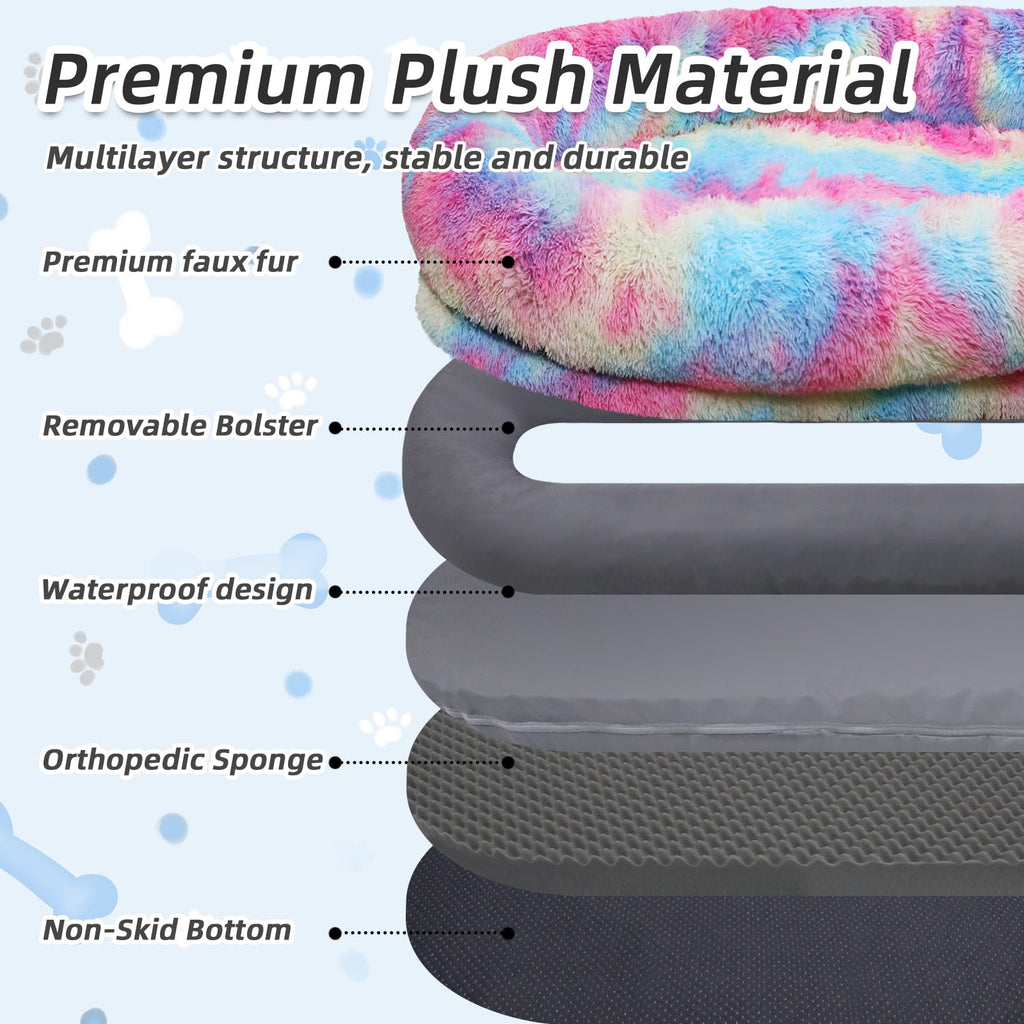 WROS Human Dog Bed, 71"x45"x12" Size Fits You and Pets, Washable Faux Fur Pet Bed for People Doze Off, Napping Orthopedic Dog Bed, Present Plump Pillow, Blanket, Strap - Rainbow