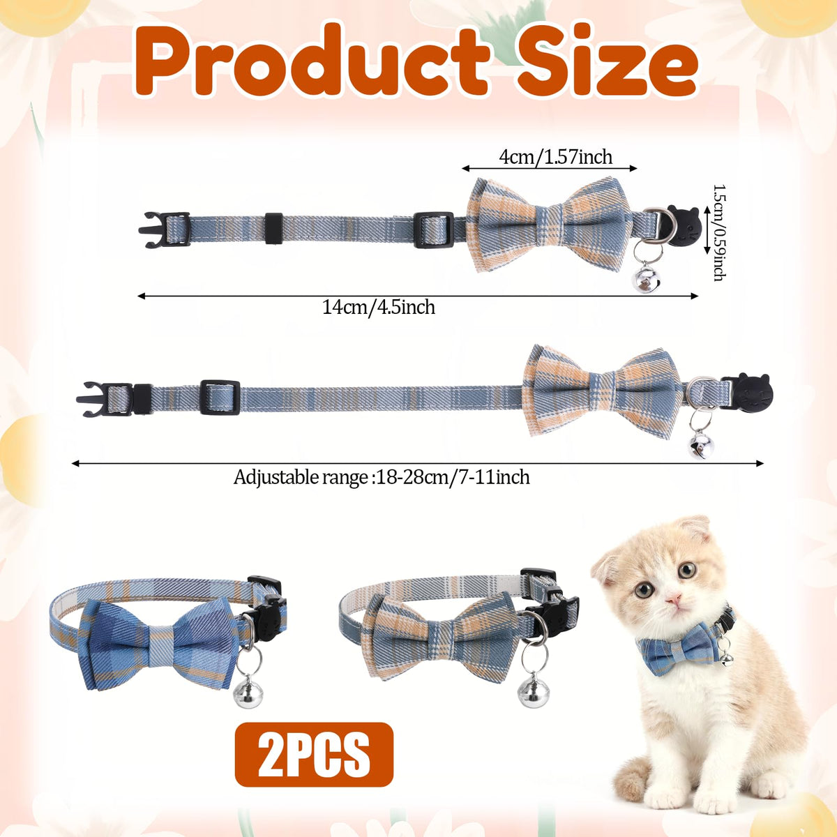 Xyembu 2Pcs Cat Collar Breakaway, Cute Plaid Cats Collar with Bells Soft Adjustable Kitten Accessories, Cat Bowtie Collar with Cat Buckle for Kitten Puppy and Small Pets